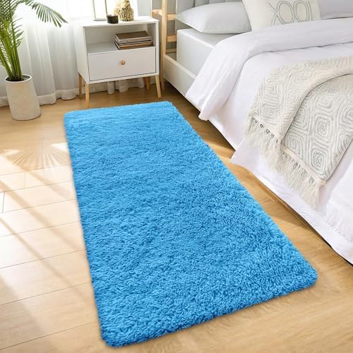 OLANLY 2x6 Machine Washable Runner Rugs for Hallway, Soft Fluffy Shaggy Bedside Rugs for Bedroom, Living Room, Indoor Floor Carpet for Kids Girls and Boys, Home Decor Aesthetic, Bright Blue - Image 3