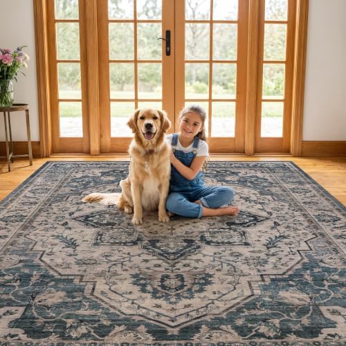 Rugshop Vintage Medallion Machine Washable Non-Slip Area Rug, 6'6"x9' Blue - Image 6