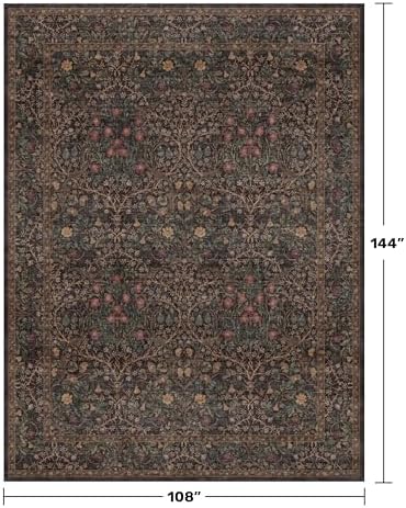Washable Area Rugs 9x12 Living Room - Dark Brown Large Rug for Dining Room Under Table, Bedroom, Soft Low Pile Non-Slip Stain Resistant Carpet - Vintage Floral Plant Design - Image 2