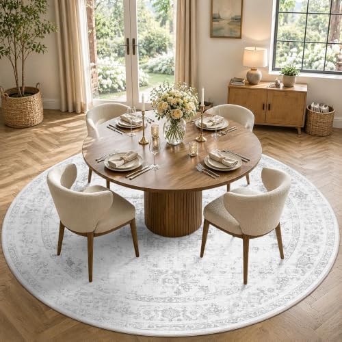 8ft Round Washable Living Room Rug Soft Medallion Gray Throw Carpet by HOME