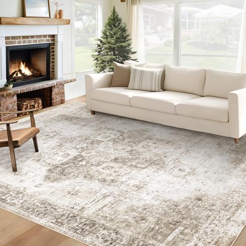 Area Rug 6x9 Washable Rug, Vintage Boho Medallion Rugs Non-Slip Soft Low Pile Large Distressed Rug Indoor Retro Carpet for Living Room Bedroom Dining Room Home Office (Taupe, 6'x9') by VECARF