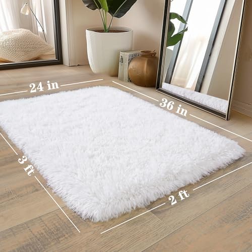 2x3 Small White Fluffy Rug for Bedroom Bedside Entryway Washable Non-Slip - Image 2