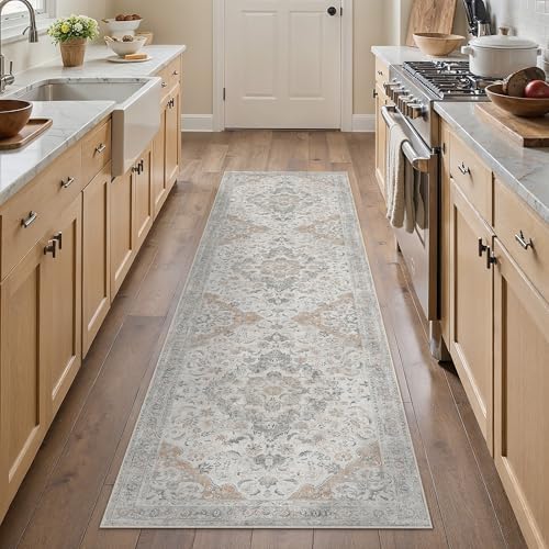 PureCozy Taupe Runner Rug 2x8 Kitchen Vintage Floral Non-Slip Carpet by PureCozy