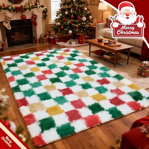 Christmas Area Rug 4x6 for Bedroom Living Room, Checkered Shag Rug Fuzzy Shaggy Bedside Carpet, Indoor Plush Floor Rugs for Holiday Home Decor - Image 5