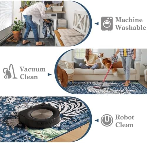 Moynesa Tiger Washable Area Rugs for Living Room, 5x7 Vintage Soft Rug for Bedroom, Non Slip Boho Botanical Ultra Thin Large Stain Resistant Throw Rug for Dining Guest Room, Blue - Image 4