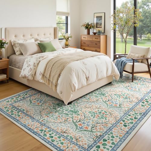 Lofus 8x10 Floral Living Room Rug, Washable Large Area Rugs White Green - Image 3