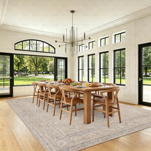 RCTJHOME 9x12 Beige Grey Vintage Floral Washable Area Rug Non-Slip Carpet - Image 4