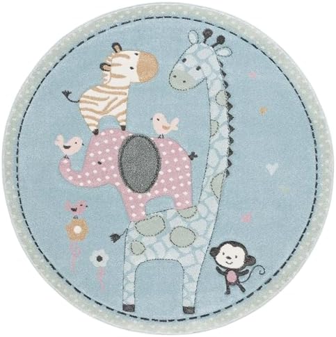 SAFAVIEH Carousel Kids Collection Area Rug - 4' Round, Blue, Animal Design, Easy Care & Non-Shedding, Ideal for High Traffic Areas for Boys & Girls in Playroom, Nursery (CRK120K-4R) - Image 3