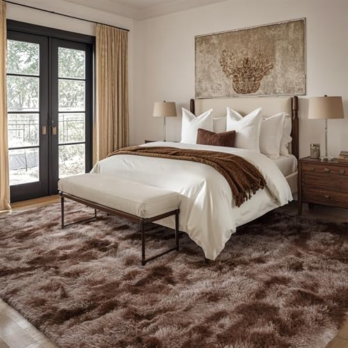 7x10 Ft Extra Large Shag Brown Area Rug for Living Room, Tie-Dyed Ultra Soft Fluffy Furry Rugs for Bedroom Indoor Floor, Aesthetic Carpet for Kids Home Decor (Coffee) - Image 3