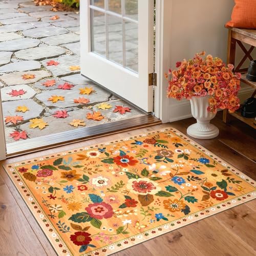RELEANY Floral Washable 2x3 Area Rugs Doormat Orange/Yellow/Red by RELEANY