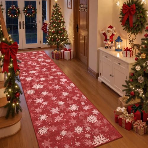 Christmas Runner Rug 2x8, Washable Snowflake Rugs for Living Room, Ultra-Thin Hallway Rug Runner Non Slip, Soft Red Holiday Decor Indoor for Entrance, Bedroom(2'x8', Red/White) by Restydon