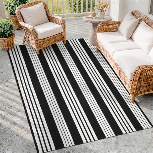 OJIA Black and White Outdoor Rug 4'x6' Washable Patio Rug Porch Camping Rug by OJIA