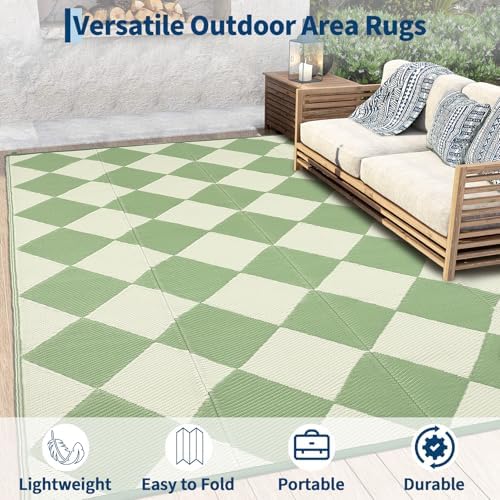 GAOMON 9x18 Plastic Straw Rug Outdoor Rugs for Patio Waterproof Reversible Mat Modern Bordered Camping Rug for Porch RV Backyard Pool Deck Picnic Beach Trailer Trellis-Green - Image 5