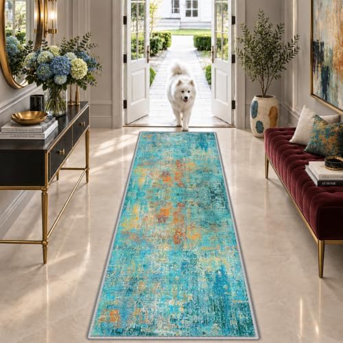 RELEANY Washable Runner 2'x6' Abstract Area Rug for Hallway Teal Multi by RELEANY