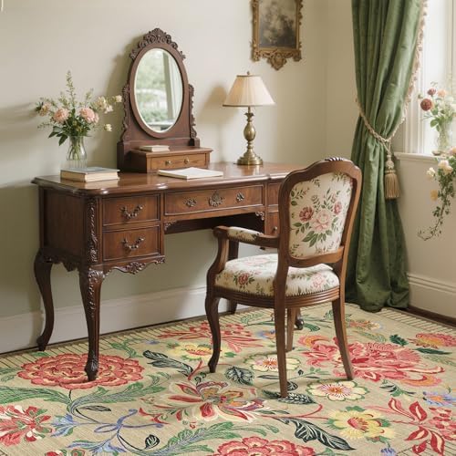 GarveeHome Floral Botanical Washable Rugs 5x7 Area Rug for Living Room, Camel Taupe Brown Vintage Boho Cottage Throw Rugs Low Pile Carpet for Bedroom Dining Nursery Rug - Image 4