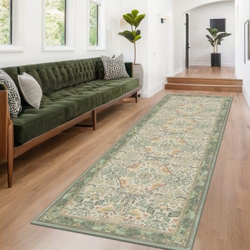 12ft Extra Long Vintage Runner Rugs for Hallways - 3x12 Wide Kitchen Runners, Entryway Rug, Sage Boho Design with Flowers and Leaves, Washable Non Slip Low Pile - Image 3