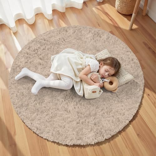 Beige Round Fluffy Rug 6ft Plush Fuzzy Shaggy Carpet - Image 5
