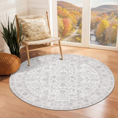 OPPODREAM Vintage Light Grey Area Rugs 4' Round, Rug for Living Room by OPPODREAM