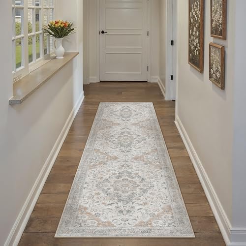 PureCozy Taupe Runner Rug 2x8 Kitchen Vintage Floral Non-Slip Carpet - Image 2