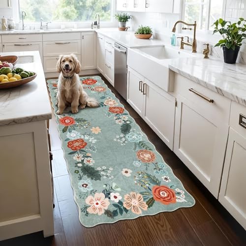 Runners for Hallways, 3x6 Runner Rug Non Slip with Soft Low Pile, Boho Floral Runner for Kitchen, Living Room, Entryway, Bedroom, Bathroom, Kid & Pet Friendly, Green by Homcomoda