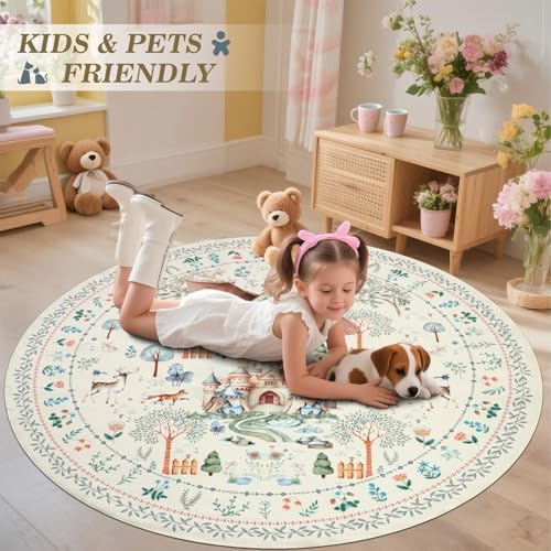 nesrt Washable Dragon Area Rugs for Living Room 6Ft Round, Beige Soft Modern Bedroom Rugs Non Slip, Thin Animal Print Forest Dining Room Floor Carpets for Kids Nursey Playroom Home Office Decor - Image 2
