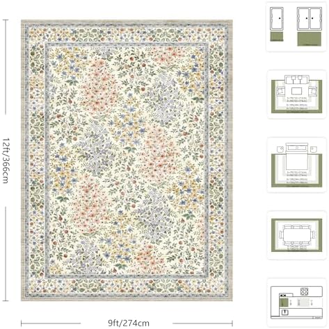 9x12 Area Rugs, Machine Washable Low Pile Floral Rugs for Living Room, Bedroom, Large Boho Area Rug with Non-Slip Backing for Dining Room(Beige Floral) - Image 2