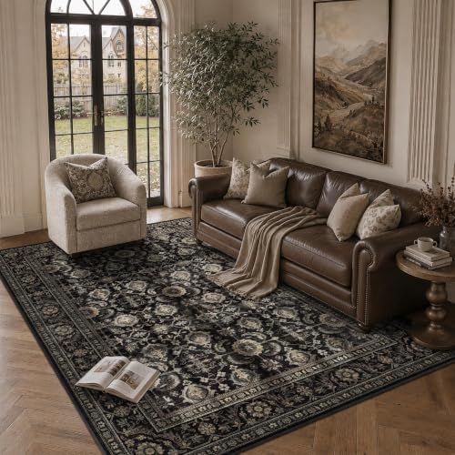 JOOJA 5x7 Black Gold Vintage Washable Area Rug, Low Pile Living Room Rug - Image 2