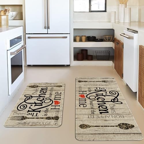 Farmhouse Kitchen Mats for Floor 2 Piece, The Kitchen is The Heart of The Home Grey Rustic Kitchen Rugs Decor Sets of 2 Non Slip Washable - Image 2