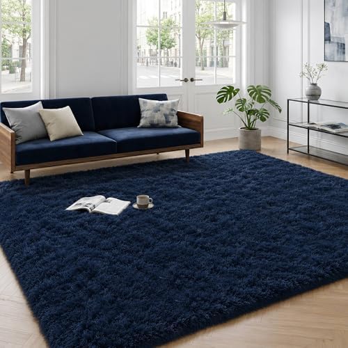 Navy Blue Fluffy Area Rug 5x8 Ft, Washable for Living Room - Image 2