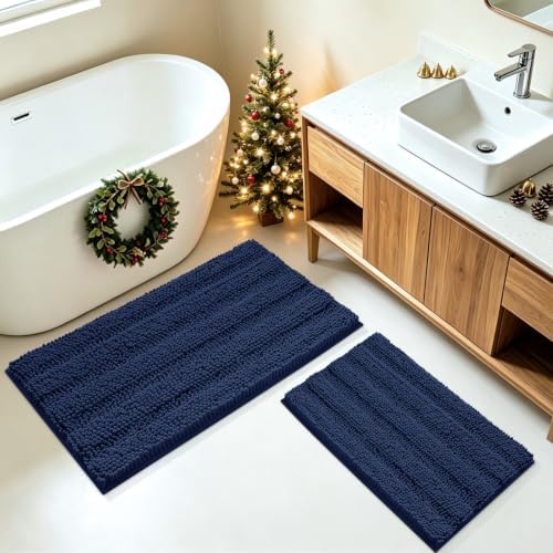 ACCUMTEK Striped Navy Blue Bathroom Rug Mat Set 2 piece 32"x20"+24"x17" Ultra Soft, Non Slip Chenille Bath Rugs, Absorbent Plush Shaggy Bath Mats for Bathroom, Bedroom, Kitchen, Shower, Tub by ACCUMTEK