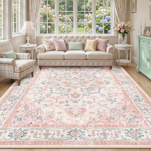 CAPALOCA 8x10 Washable Nursery Girls Low Pile Area Rug Pink Teal by CAPALOCA