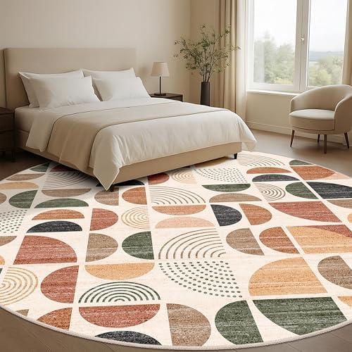 MUJOO Round Rugs 9ft,Circle Area Rug Washable Non Slip Modern Abstract - Image 3