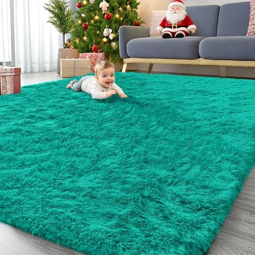 OLANLY 9x12 Machine Washable Large Area Rugs for Living Room, Bedroom, Soft Fluffy Shaggy Bedside Rug, Indoor Floor Carpet for Kids Girls and Boys, Dorms, Nursery, Home Decor Aesthetic, Teal Green by OLANLY