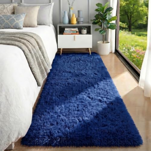 Royal Dark Navy Blue Rugs for Bedroom Living Room 2x6 Ft, Fluffy Runner Rug by PAGISOFE