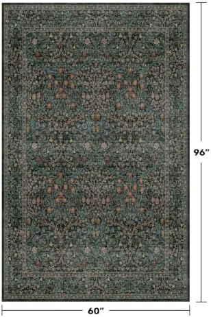 Washable Vintage 5x8 Living Room Rug, Dark Green Floral Area Rug for Bedroom Under Bed, Dining Room Under Small Dining Table, Office - Oriental Low Pile Non Slip & Stain Resistance (5x8 Dark Green) - Image 2