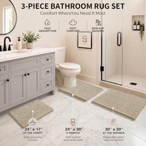 Yimobra Bathroom Rug Set 3 Piece, Super Water Absorbent Bath Mat Set, Camel - Image 2