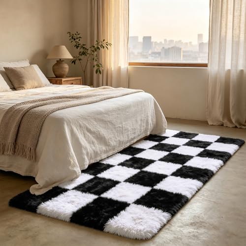 Shag Runner Rug for Bedroom Living Room 3x7 Upgrade Non-Slip Fluffy Soft Bedside Rugs,Black and White Shaggy Carpet for Livingroom Dorm Home Decor Aesthetic - Image 3