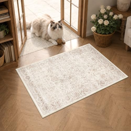 Washable 2x3 Entryway Non-Slip Area Rug Distressed Beige Door Mat by HOME