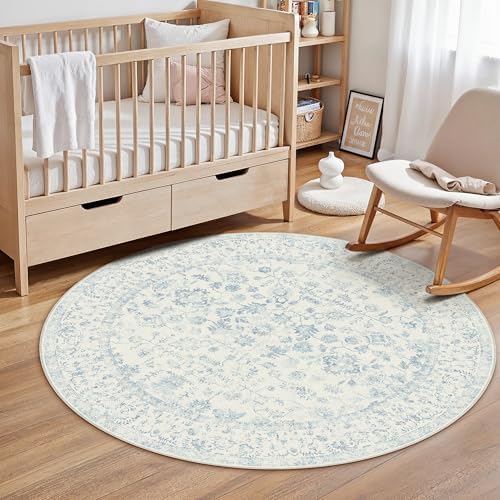 PureCozy Blue 3x3 Round Area Rug Vintage Washable Carpet Non Slip - Image 3