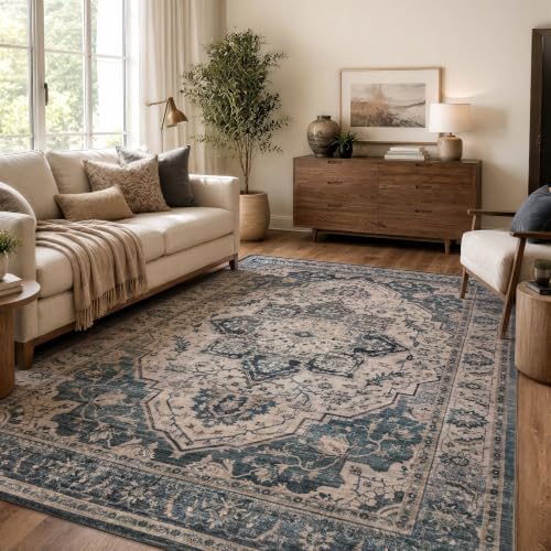 Rugshop Vintage Medallion Machine Washable Non-Slip Area Rug, 5'x7' Blue by Rugshop