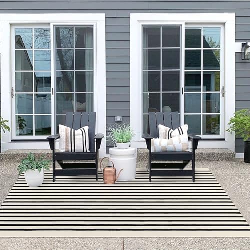 IOHOUZE 4x6 Striped Outdoor Rug, Washable Front Porch, Black Beige - Image 4
