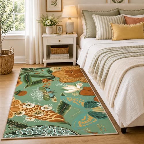 Tyrot Sage Green Boho Floral 3x5 Washable Area Rug Flat Woven Ultra-Thin Low Pile Rug Non Slip Indoor Botanical Butterfly Rug for Living Room, Bedroom, Entryway, Nursery, Dorm - Image 2
