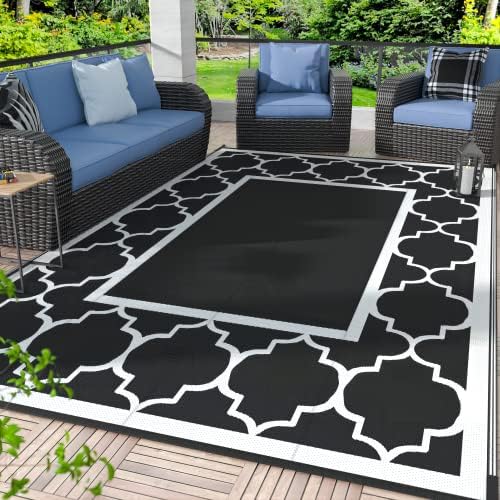 GENIMO Outdoor Rug, Waterproof Plastic Rugs for Patio, 6'x9' Black White by GENIMO