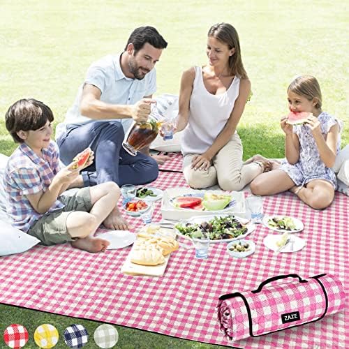 ZAZE Picnic Blanket Waterproof Sandproof, 80''x80'' 3-Layer Cute Compact Extra Large Machine Washable Foldable Beach Mat, Big XL Outdoor Blankets for Spring Summer Camping, Park, Grass(Pink and White) by ZAZEOfficial