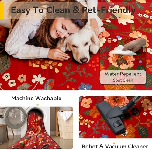 Floral Washable 8x10 Area Rugs Red/Orange - Image 3