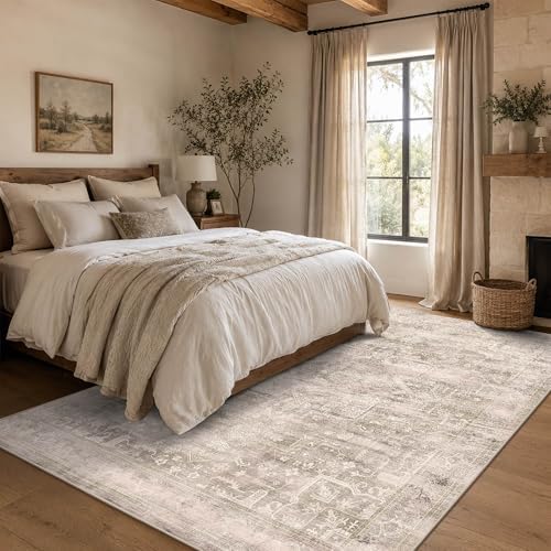 4x6 Washable Boho Area Rug, Non-Slip LightBeige Bedroom Carpet by LULLOSA