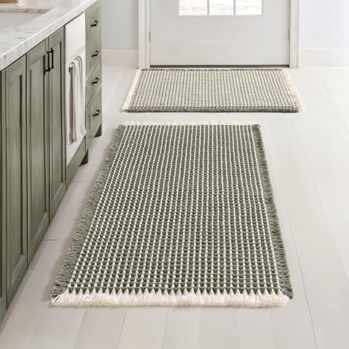 MIULEE Set of 2 Waffle Bathroom Rugs Green&Cream Bath Mat 17"x24"+20"x32" by MIULEE