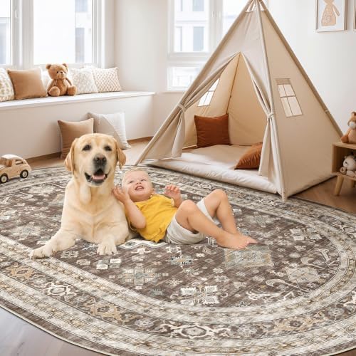 5x8 Ellipse Area Rug for Living Room, Washable, Traditional, Dark Brown - Image 5