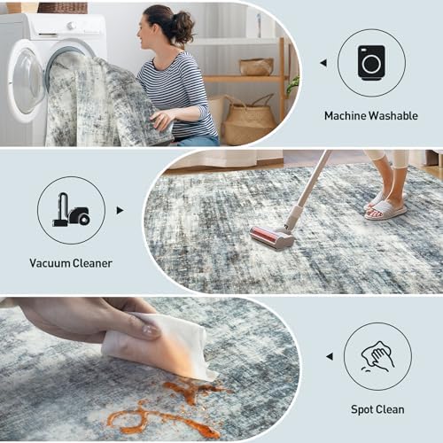 6x9 Area Rugs for Living Room: Washable Abstract Blue Multi Bedroom Carpet - Image 3