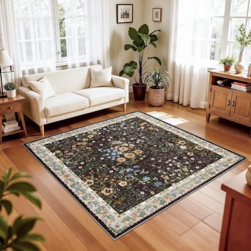 5x5 Living Room Area Rug Washable: Floral Non-Slip Mats for Indoor Floor Entryway Dining Room Bedroom - Soft Thin Carpet for Vintage Neutral Home Decor (5ft Square, Brown) by YOUFORTONG